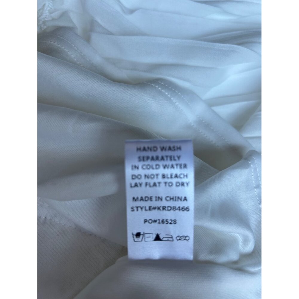 White Chiffon Crochet Mini Dress Sz M Exaggerated Balloon Sleeve Pleated Whimsy - Picture 9 of 13